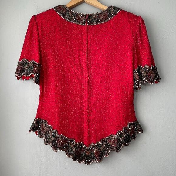 Laurence Kazar Size L XL Red Black Silk Bow Beaded Top Maximalist Dopamine - Picture 6 of 9